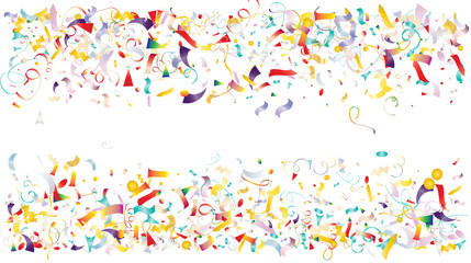 Colored Foil Confetti Falling Down, Cool Stars, Tinsel. Christmas, Birthday Party, New Year Celebration Background. Gift Card, Sale Bright Tinsel Texture. Childrens Colorful Foil Confetti Border