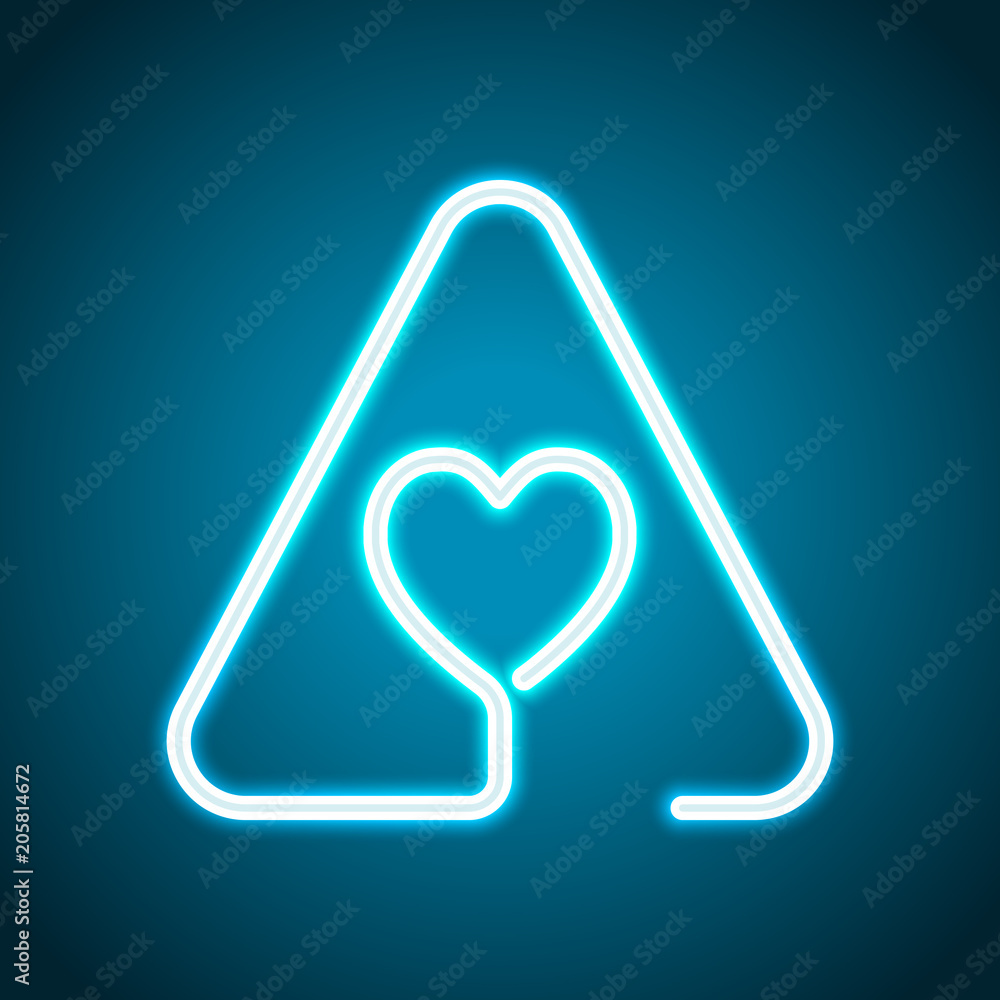 Poster heart in warning triangle. linear icon with thin outline. one line style. neon style. light decorati