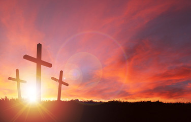 Crucifixion of Jesus With Sunset Sky and Copy Space. Religious concept of Good Friday and Easter...
