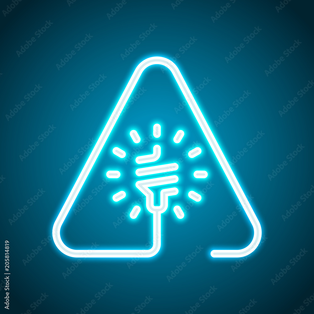 Poster led lamp in warning triangle. linear icon with thin outline. one line style. neon style. light decor