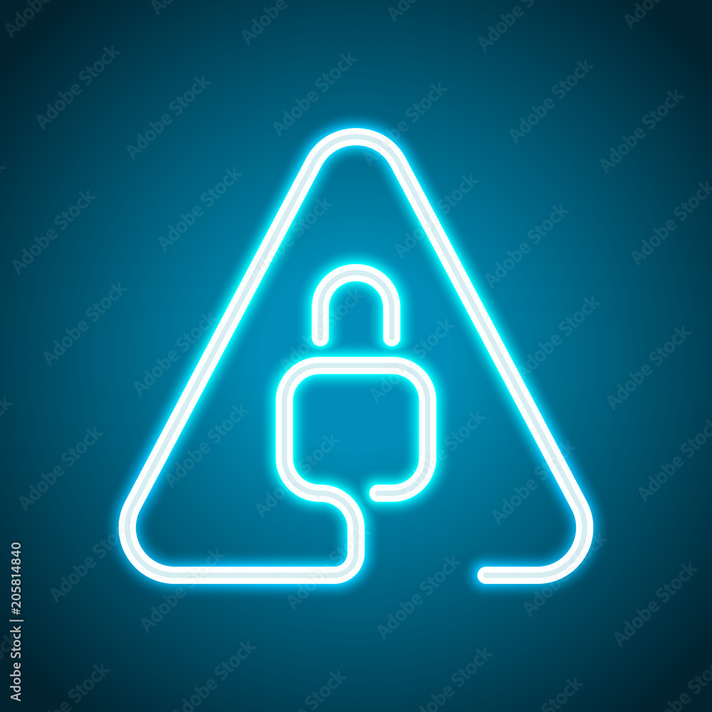 Aufkleber lock in warning triangle. linear icon with thin outline. one line style. neon style. light decoratio