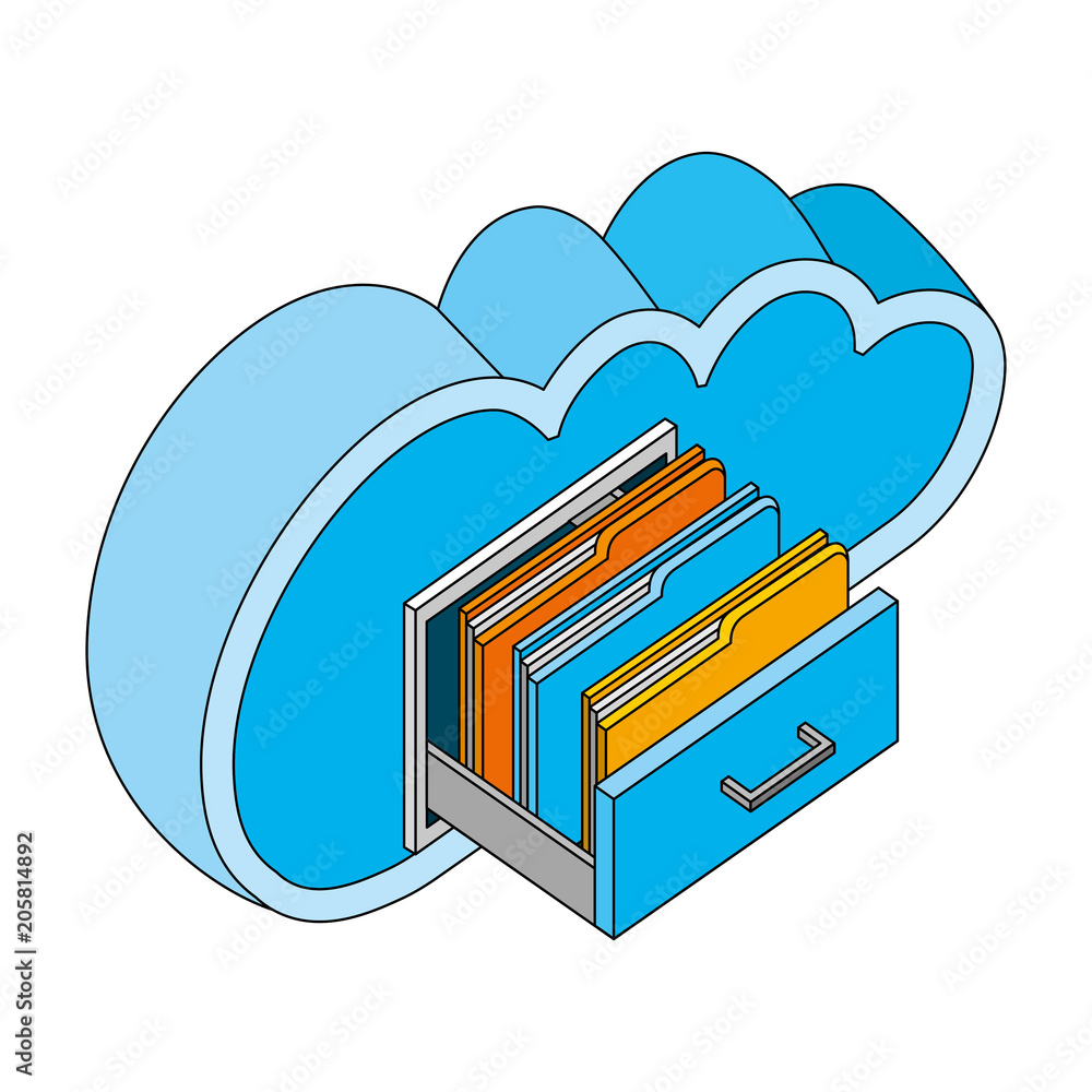 Poster cloud computing open drawer folders file organizer isometric vector illustration
