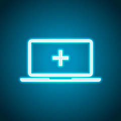 Obraz premium Laptop or notebook computer with medical cross on screen. Simple icon. Neon style. Light decoration icon. Bright electric symbol