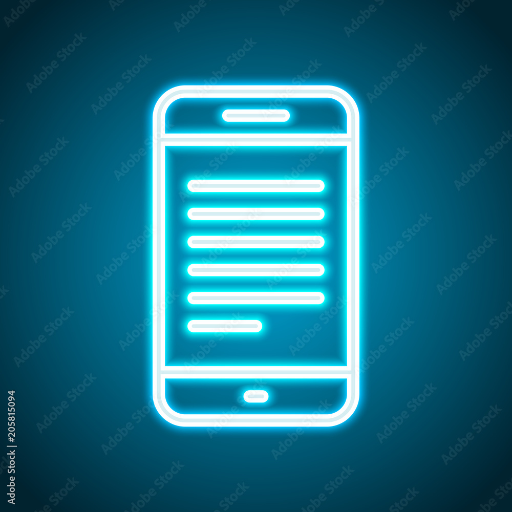 Poster mobile phone with text on screen. simple linear icon with thin outline. neon style. light decoration