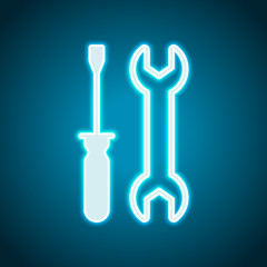 Repair service, wrench and screwdriver, tools. Neon style. Light decoration icon. Bright electric symbol