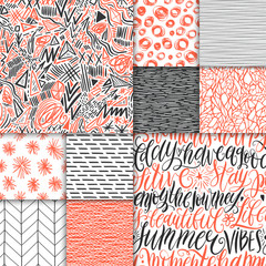 Abstract hand drawn geometric simple minimalistic seamless patterns set. Hand lettering, polka dot, stripes, waves, random symbols textures. Bright colorful vector illustration. Template for your © irenemuse