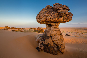 Stunning mushroom rock formation embedded in a large dune area – The Fingers, Es Sba, Mauritania