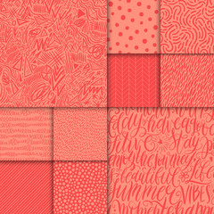 Abstract hand drawn geometric simple minimalistic seamless patterns set. Hand lettering, polka dot, stripes, waves, random symbols textures. Bright colorful vector illustration. Template for your