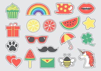 Set of cute icons with dotted lines. Colorful fashion badges. Vector illustration