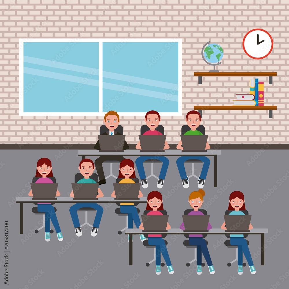 Poster group students in classroom using laptops on desks learning vector illustration