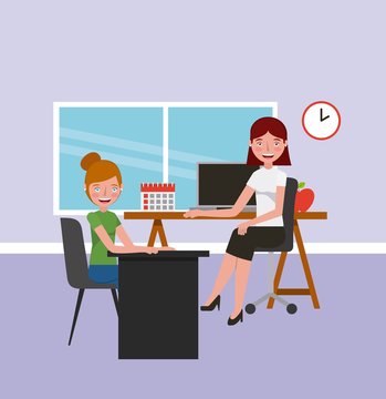 teacher woman and student girl in classroom learning vector illustration