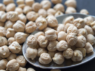 close-up dried chickpeas on a spoon