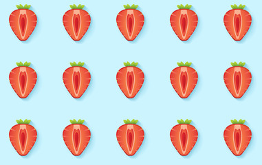 Colorful vivid background color with top view strawberries fruit slices pattern. Vector trendy modern pop art design