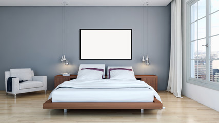 Modern bright interiors apartment with mockup poster frame 3D rendering illustration