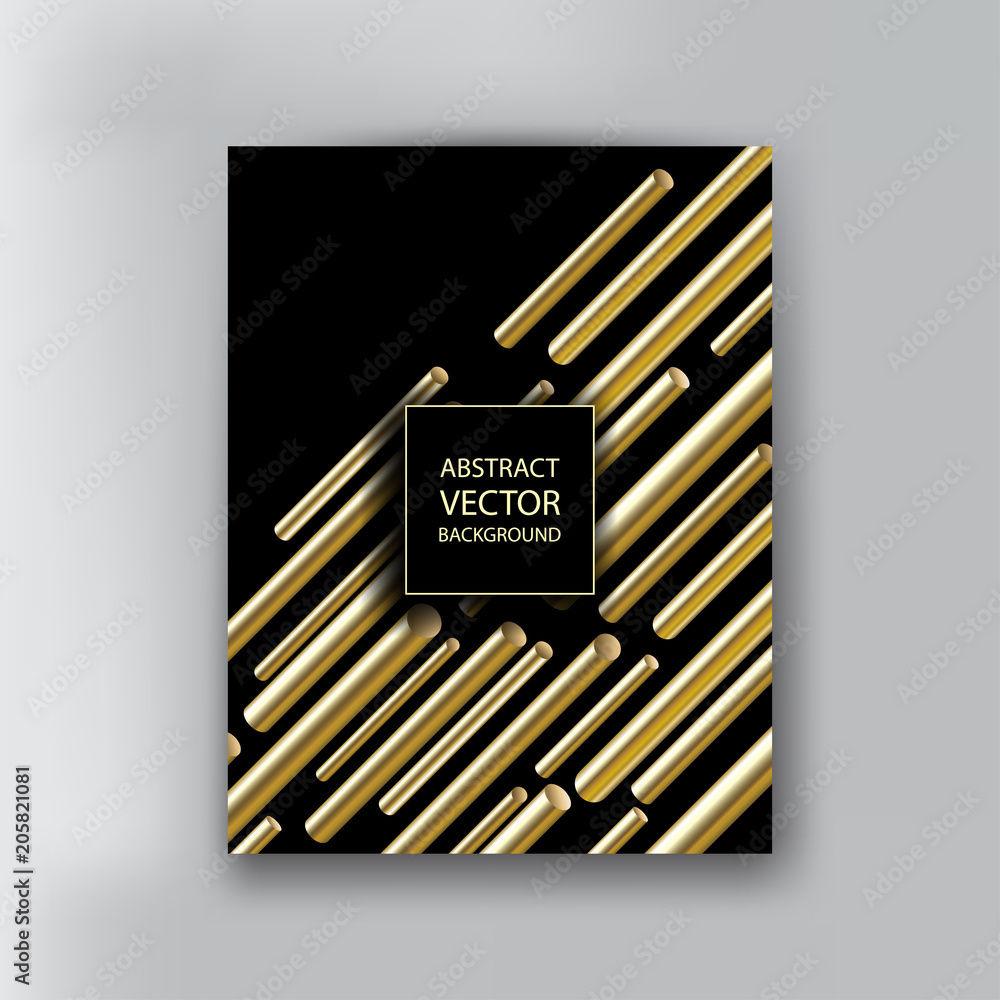 Poster abstract 3d geometric background with cylinder shapes. vector realistic illustration of golden capsu