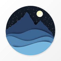 Paper landscape with hills, mountains, moon and stars. Ecology, world environment concept. Paper art modern style