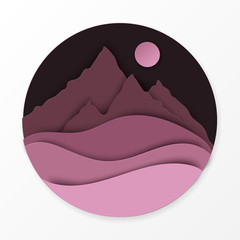 Paper landscape with hills, mountains, moon. Ecology, world environment concept. Paper art modern style