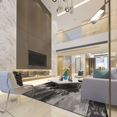 3d rendering luxury modern double living floor with dining room