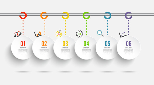 Template Timeline Infographic colored horizontal numbered for six position can be used for workflow, banner, diagram, web design, area chart