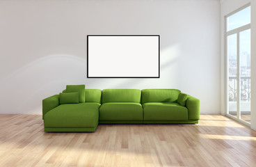 Modern bright interiors apartment with mockup poster frame 3D rendering illustration