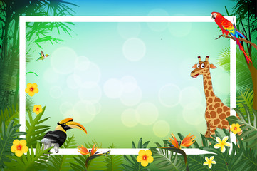 Bright tropical background with cartoon; jungle; animals;