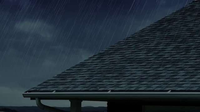 A rainy day establishing shot of a house's rooftop.  	