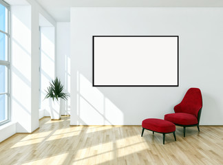 Modern bright interiors apartment with mockup poster frame 3D rendering illustration