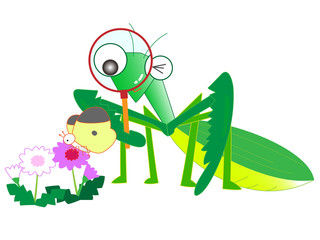 カマキリが蝶を虫眼鏡で観察している。