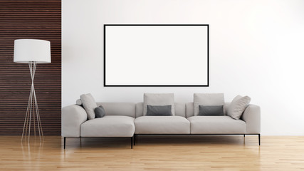 Modern bright interiors apartment with mockup poster frame 3D rendering illustration
