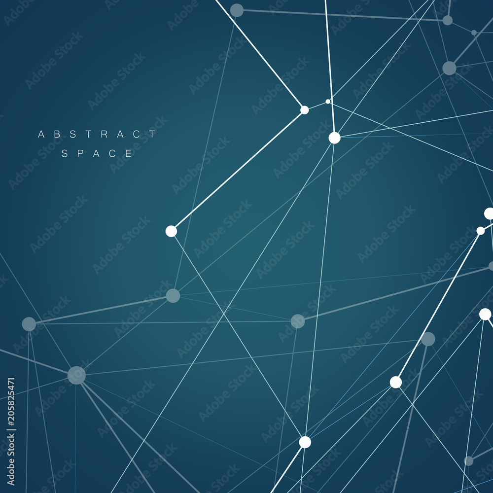 Poster Abstract shapes background and technology network design. Atomic, science and molecular vector pattern on dark background