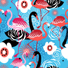 Bright floral pattern of flamingos and swans