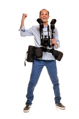 Naklejka premium Full photo of happy excited photographer with raised hand