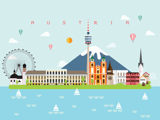Austria Famous Landmarks Infographic Templates for Traveling Minimal Style and Icon, Symbol Set Vector Illustration Can be use for Poster Travel book, Postcard, Billboard. - 205827637