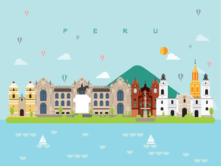 Peru Famous Landmarks Infographic Templates for Traveling Minimal Style and Icon, Symbol Set Vector Illustration Can be use for Poster Travel book, Postcard, Billboard.