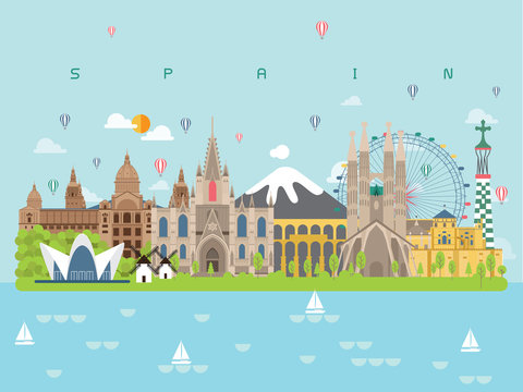 Spain Famous Landmarks Infographic Templates for Traveling Minimal Style and Icon, Symbol Set Vector Illustration Can be use for Poster Travel book, Postcard, Billboard
