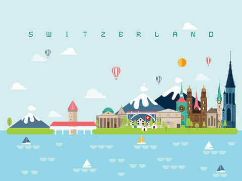Switzerland Famous Landmarks Infographic Templates for Traveling Minimal Style and Icon, Symbol Set Vector Illustration Can be use for Poster Travel book, Postcard, Billboard
