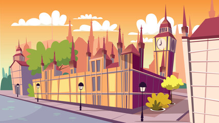 London cityscape vector illustration. Cartoon London famous landmarks at day, Big Ben or Parliament House and England city street buildings or architecture view on flat background