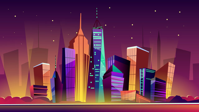 New York cityscape vector illustration. Cartoon New York landmarks in  night, Freedom Tower on One World Trade Center and famous US America city  buildings or skyscraper architecture with illumination Stock Vector |