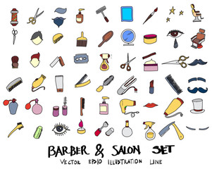 Hand drawn Sketch doodle vector line Barber colour icon set on white eps10