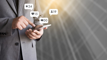 Contact us  sms media man use  smart phone social media network pop notification icons