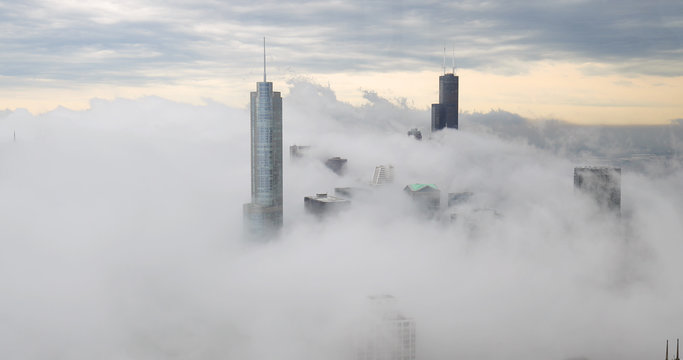 Chicago Downtown Buildings Skyline Thick Fog Cloud