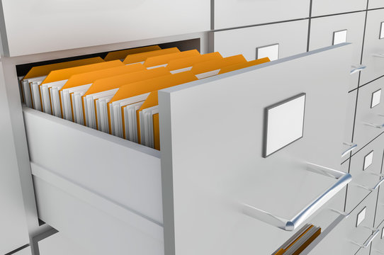 Open filing cabinet drawer with documents inside
