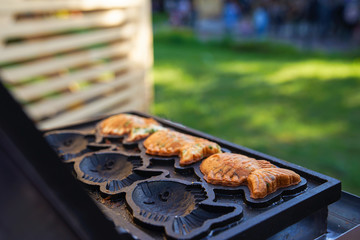 Pan pattern and stove machine for cooking Taiyaki; Japanese fish-shaped cake dessert.