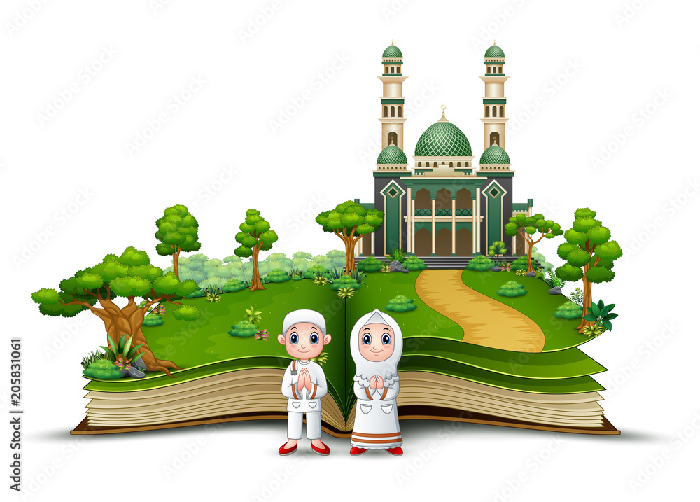 Wall mural happy muslim kids cartoon in front the mosque of an opened book