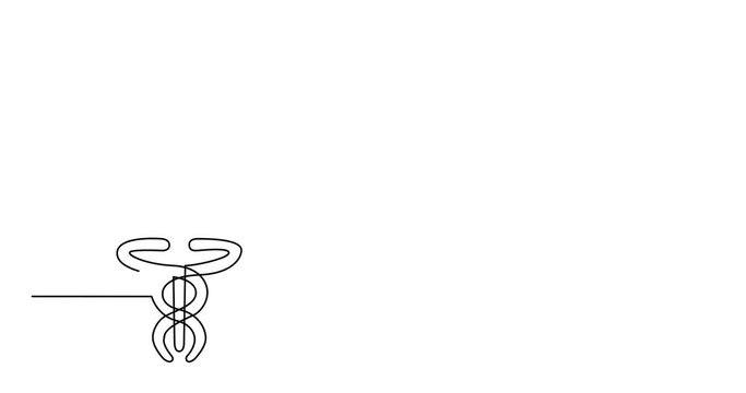 Self drawing animation of one line logo design of caduceus