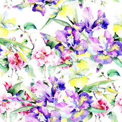 Colorful bouquet. Seamless background pattern. Fabric wallpaper print texture. Aquarelle wildflower for background, texture, wrapper pattern, frame or border.