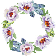 Gently pink peonies. Floral botanical flower.Frame border ornament square. Aquarelle wildflower for background, texture, wrapper pattern, frame or border.