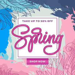 Spring Sale Banner with hand sketched floral pattern. Template for banner, card, flyer, poster. Handmade typography. Vector illustration.