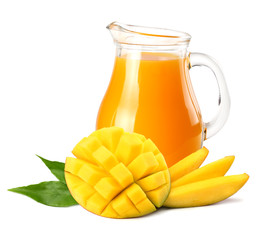mango juice with mango slice isolated on white background. jug of mango juice.