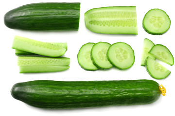 fresh cucumber slices isolated on white background. top view